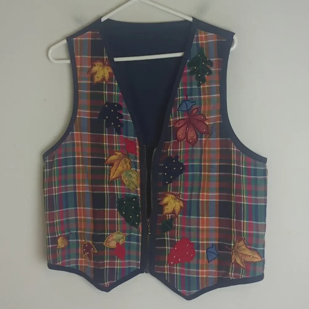 Vintage Plaid Fall Zip Up Front Vest Patchwork Art To Wear Women's Size Large